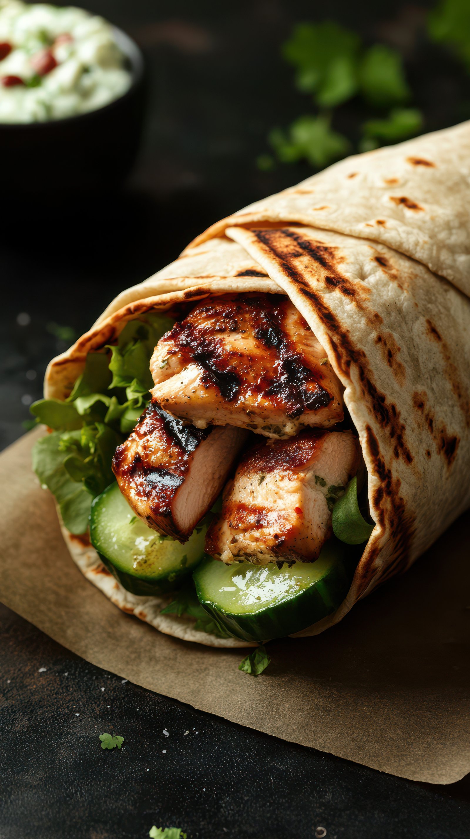 Grilled chicken wrap filled with fresh cucumbers and lettuce served on a wooden platter